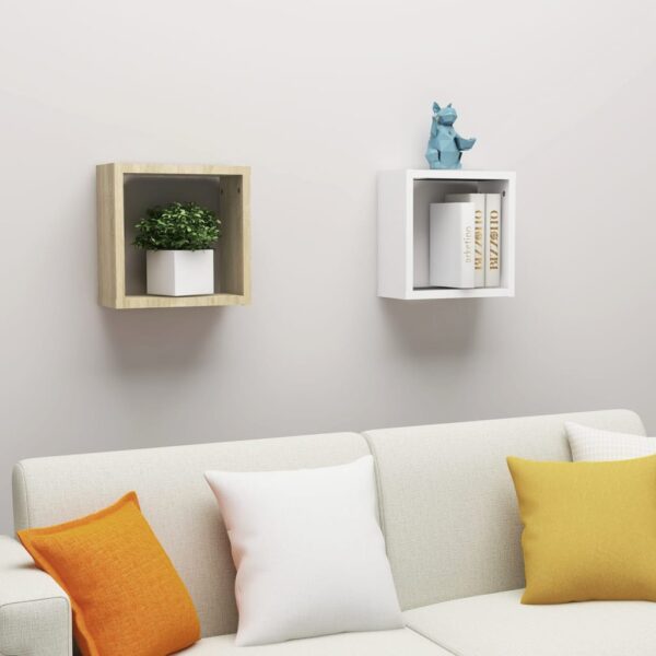 Chic White Sonoma Oak Floating Wall Cube Shelves Set Display Storage Decor