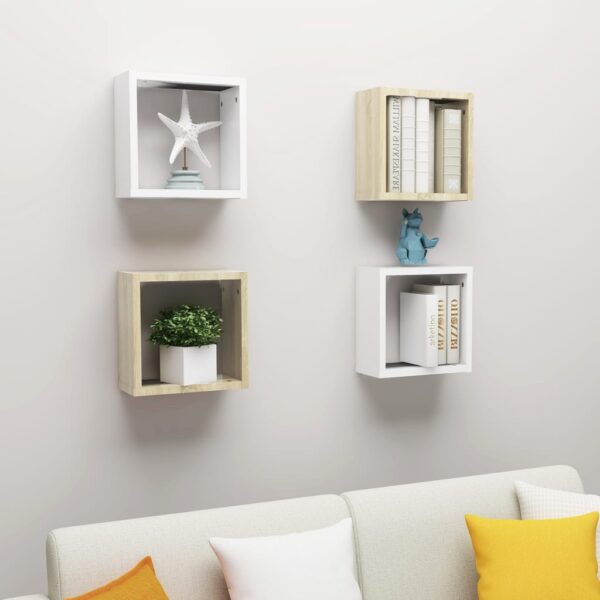 Chic White Sonoma Oak Floating Wall Cube Shelves Set Versatile Home Decor