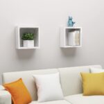 High Gloss White Floating Wall Cube Shelves Set of Two - Modern Decorative Storage