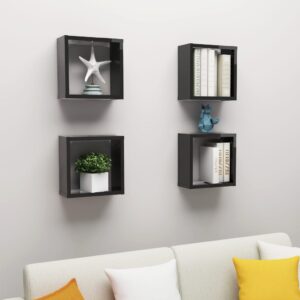 High Gloss Black Floating Wall Cube Shelves Set of Four - Modern Decorative Storage