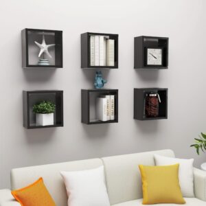 High Gloss Black Floating Wall Cube Shelves Set of Six - Modern Decorative Storage