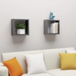 High Gloss Grey Floating Wall Cube Shelves Set Durable Engineered Wood Decor