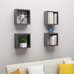 High Gloss Grey Floating Wall Cube Shelves Set Durable Engineered Wood Decor