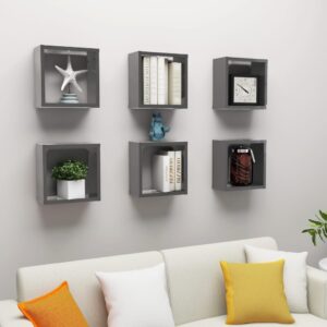 High Gloss Grey Floating Wall Cube Shelves Set Durable Engineered Wood Decor