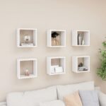 White Floating Wall Cube Shelves Set of Six - Modern Decorative Display Storage