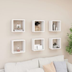 White Floating Wall Cube Shelves Set of Six - Modern Decorative Display Storage