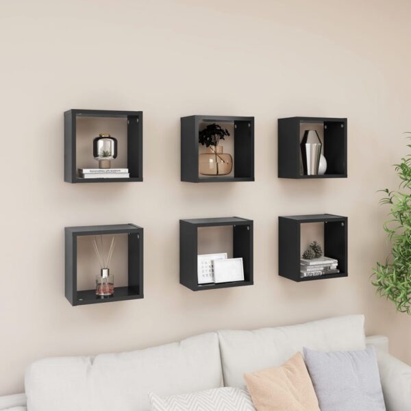 Modern Grey Floating Wall Cube Shelves Set of Six - Decorative Wooden Storage