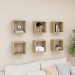 Chic Sonoma Oak Finish Floating Wall Cube Shelves Set Versatile Home Decor