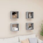 Modern Concrete Grey Floating Wall Cube Shelves Set of Four - Versatile & Chic