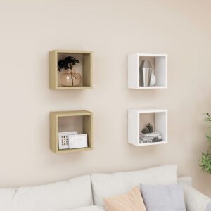 Chic White Sonoma Oak Floating Wall Cube Shelves Set Versatile Home Decor