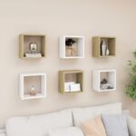 Chic White Sonoma Oak Floating Wall Cube Shelves Set of Six - Modern Home Decor