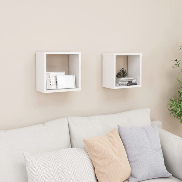 High Gloss White Floating Wall Cube Shelves Set of 2 - Modern Display Storage