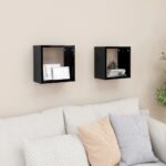 High Gloss Black Floating Wall Cube Shelves Set of 2 - Modern Decorative Storage