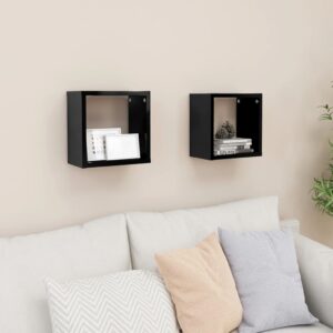 High Gloss Black Floating Wall Cube Shelves Set of 2 - Modern Decorative Storage