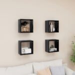 High Gloss Black Floating Wall Cube Shelves Set Durable Engineered Wood Decor