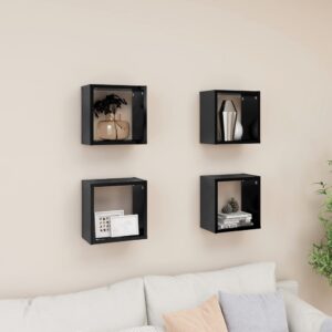 High Gloss Black Floating Wall Cube Shelves Set Durable Engineered Wood Decor