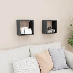 High Gloss Grey Floating Wall Cube Shelves Set of 2 - Modern Decorative Storage