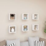 White Floating Wall Cube Shelves Set of Six - Modern Decorative Display Storage