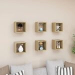 Chic Sonoma Oak Finish Floating Wall Cube Shelves Set Versatile Home Decor