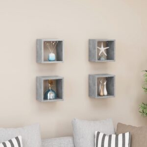 Modern Concrete Grey Floating Wall Cube Shelves Set of Four - Versatile & Chic