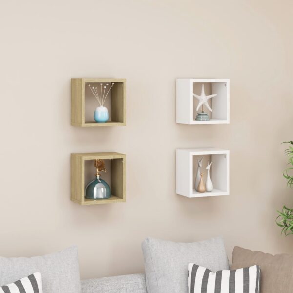 Chic White Sonoma Oak Floating Wall Cube Shelves Set Versatile Home Decor