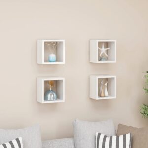 High Gloss White Floating Wall Cube Shelves Set of Four - Modern Decorative Storage