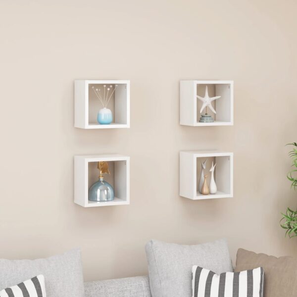 High Gloss White Floating Wall Cube Shelves Set of Four - Modern Decorative Storage