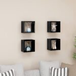 High Gloss Black Floating Wall Cube Shelves Set of Four - Modern Decorative Storage