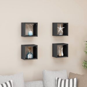 High Gloss Grey Floating Wall Cube Shelves Set Durable Engineered Wood Decor