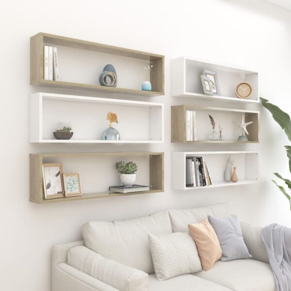 Wall Cube Shelves 6 pcs White&Sonoma Oak 100x15x30 cm Engineered Wood