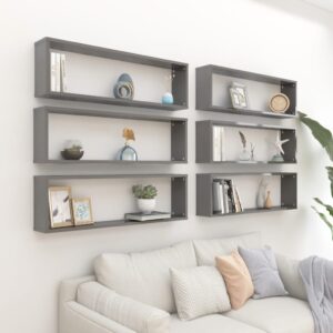 Elegant High Gloss Grey Wall Cube Shelves Set of Six - Chic Engineered Wood Display