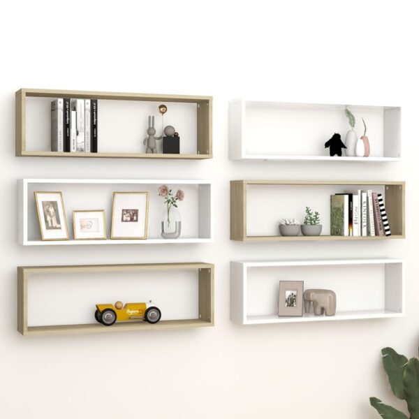 Elegant White Sonoma Oak Finish Wall Cube Shelves Set of Six Display Storage