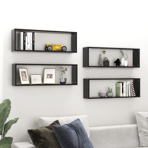 Wall Cube Shelves 4 pcs High Gloss Black 80x15x26.5cm Engineered Wood