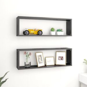 Elegant High Gloss Grey Wall Cube Shelves Set of Two - Chic Engineered Wood Display