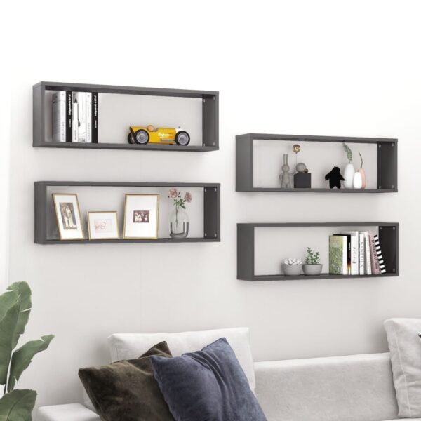 High Gloss Grey Wall Cube Shelves Set of Four - Chic Engineered Wood Display