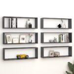 High Gloss Grey Wall Cube Shelves Set of Six - Chic Engineered Wood Display Storage