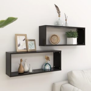 Chic Black Floating Wall Cube Shelves Set of Two - Engineered Wood Storage