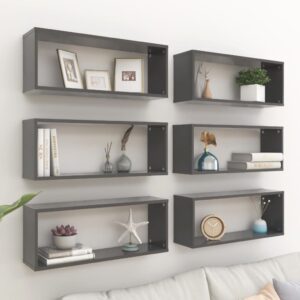 Chic Grey Wall Cube Shelves Set of Six - Engineered Wood Floating Display