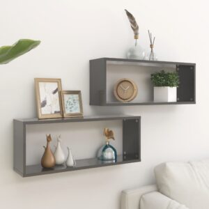 High Gloss Grey Wall Cube Shelves Set of 2 - Decorative Engineered Wood Storage