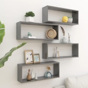 High Gloss Grey Wall Cube Shelves Set for Books Ornaments Display Decor Storage