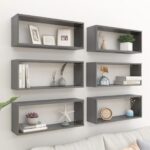 High Gloss Grey Wall Cube Shelves Set of Six - Engineered Wood Floating Display