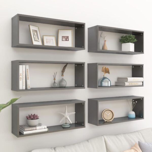 High Gloss Grey Wall Cube Shelves Set of Six - Engineered Wood Floating Display