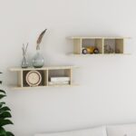 Chic Sonoma Oak Floating Wall Shelves Set Display Storage Engineered Wood