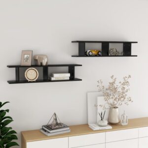 Chic High Gloss Black Floating Wall Shelves Set Display Storage Modern Decor