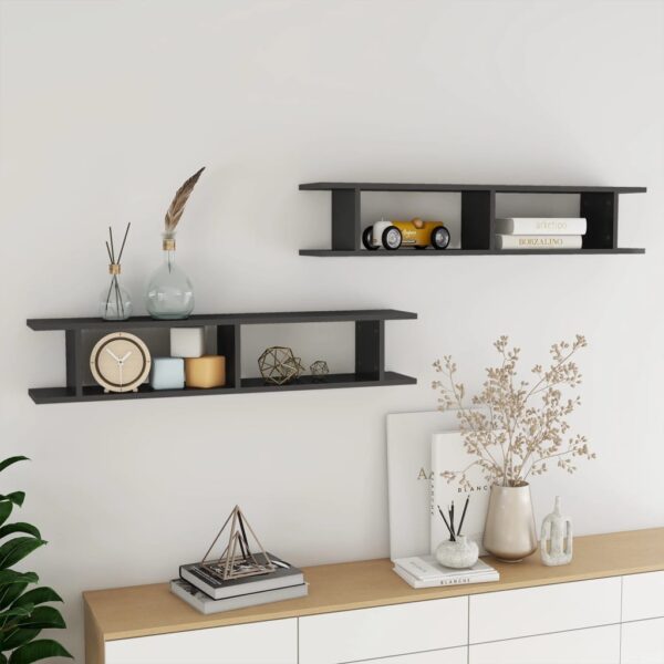 High Gloss Grey Floating Wall Shelves Set of Two - Modern Engineered Wood Decor