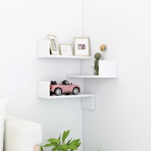 White Engineered Wood Corner Wall Shelf Chic Decorative Storage Display Unit