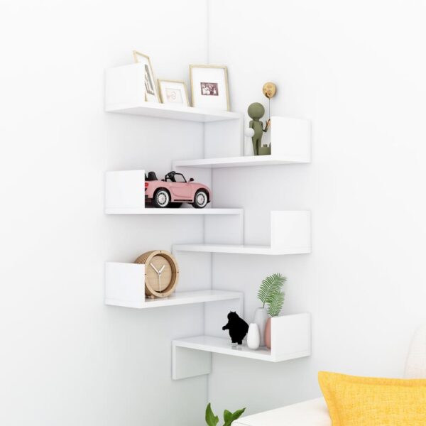 Chic White Engineered Wood Corner Wall Shelf Set Decorative Storage Display