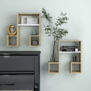 Chic White Sonoma Oak Music Note Wall Shelves Set Display Storage Engineered Wood