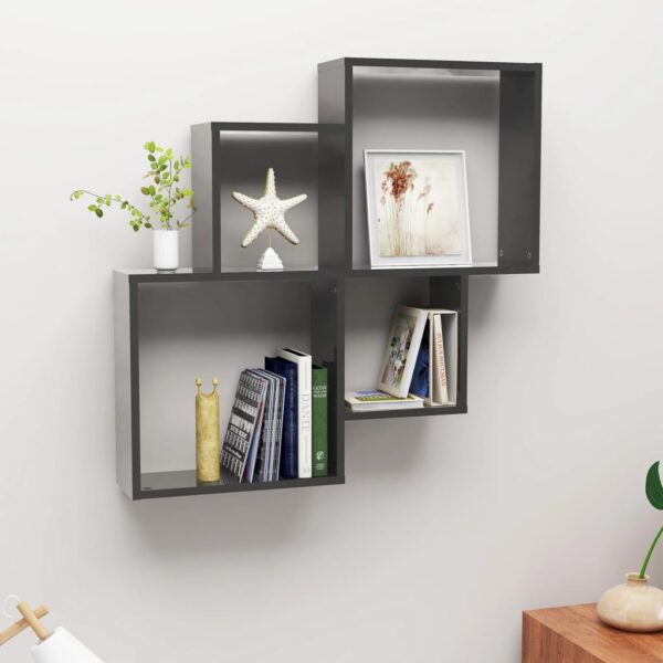 Chic High Gloss Grey Wall Cube Shelf Storage Display Engineered Wood Organizer