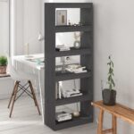 Solid Pine Wood Book Cabinet Room Divider Grey Spacious Storage Organizer Shelf